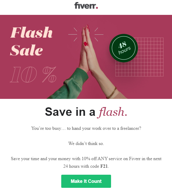 Screenshot of a Fiverr promotional email with a 10% off offer.