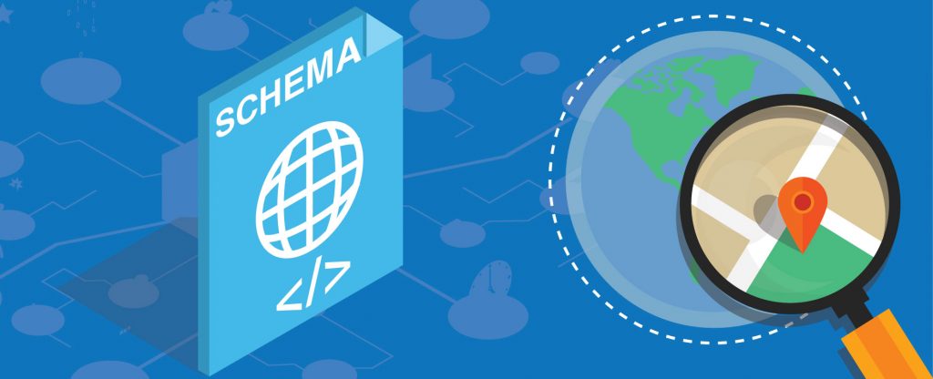 Graphic illustrating schema markup code and a magnifying glass zooming in on a globe.