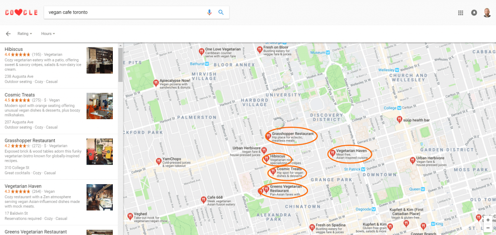 Screenshot of Google maps search illustrating top ranking vegan cafes in Toronto.