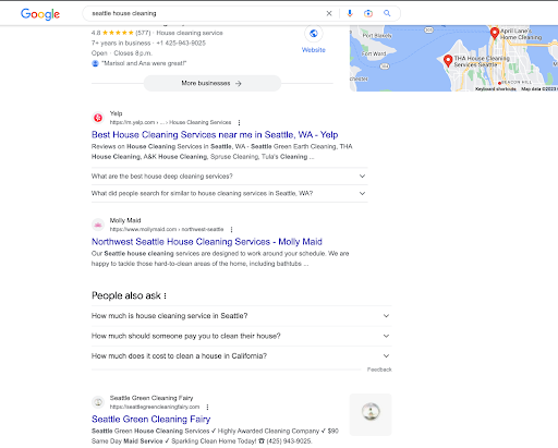A search engine results page for the keyword "seattle house cleaning"